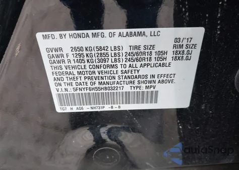 2017 Honda Pilot Ex-L z USA, uszkodzony, nr VIN 5FNYF6H55HB032217